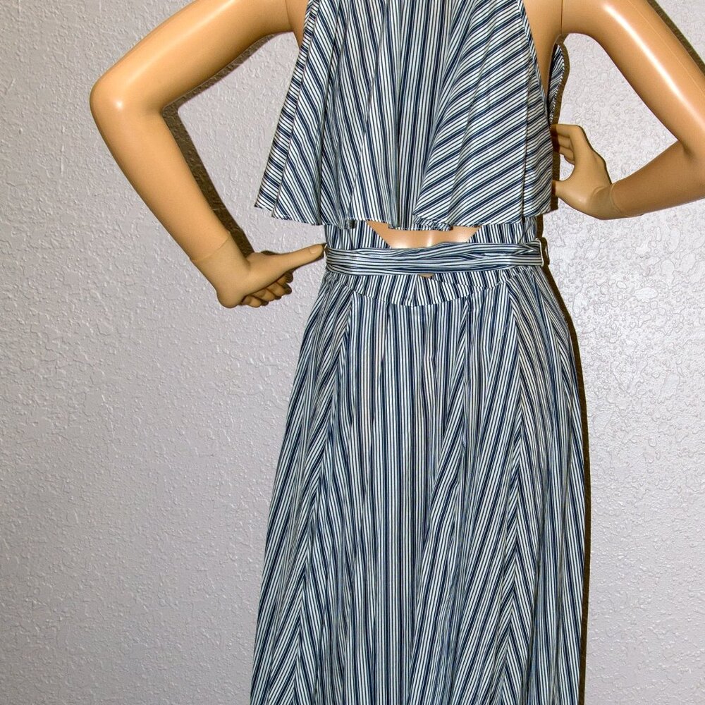 Striped Wrap Dress Navy and White with Open Back Size 4 Silk Blend Brooklyn - Picture 4 of 12